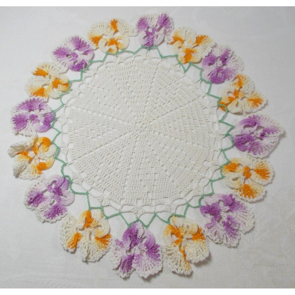 9.5" Vintage Hand Made Crochet purple gold white pansy doilie